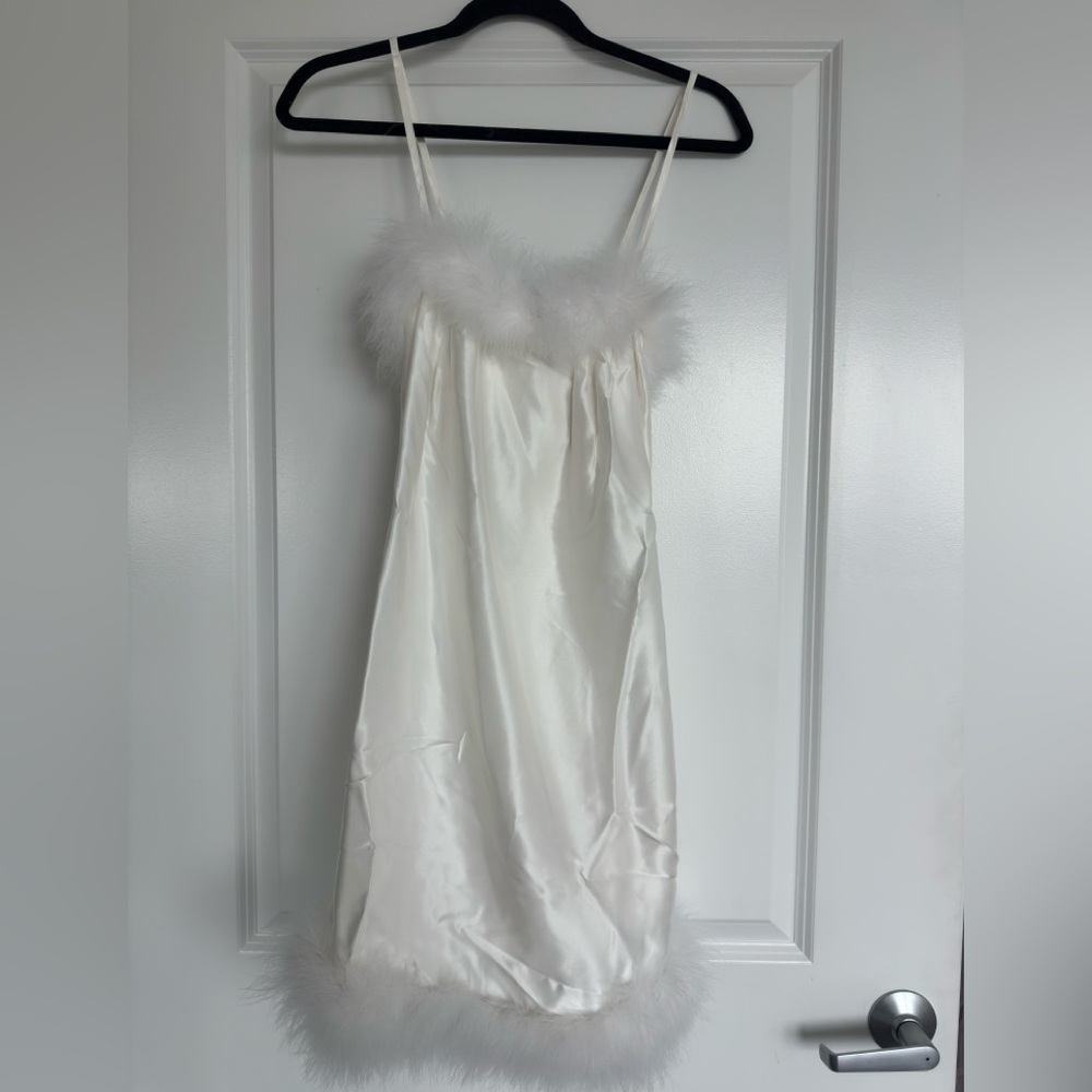 Elegant White Satin Nightgown with Feather Trim